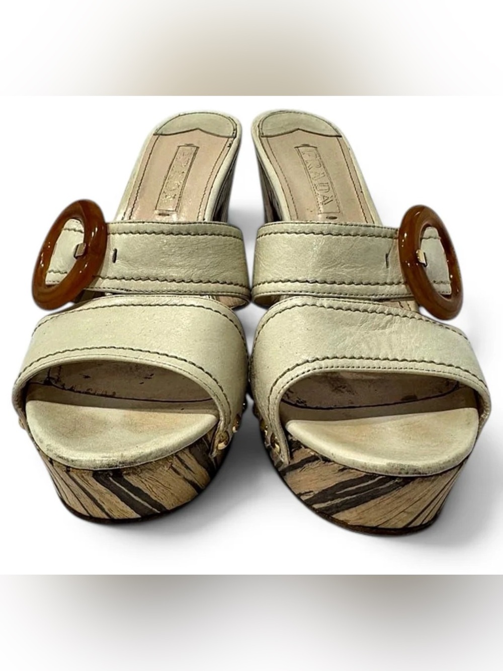 Vintage Prada Platform Mules 39 Striped Wood Tortoise Buckle Y2K Heels